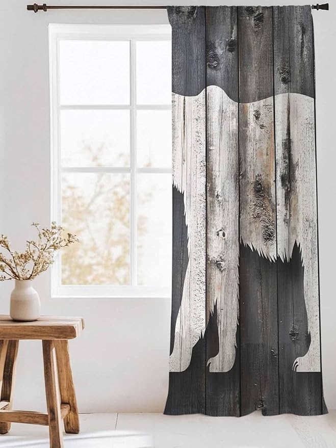 Sheer Curtains 84 Inches Long, White Brown Bear Semi Sheer Curtains Light Filtering Window Treatment, Farmhouse Country Vintage Wood Grain Privacy Voile Drapes for Living Room Bedroom 52x84 Inch