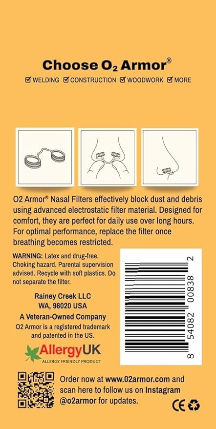 O2 Armor Nose Filters for Welders & Allergies - Nose Filter for Dust - Nasal Filters for Welding - Nose Dust Mask for Construction (30 Pack - 3x10, Size X-Small)