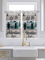 Farmhouse Bear Camper Van Tree Window Valance Curtains, Vintage Wood Grain Light Filtering Kitchen Valance with 3-inch Rod Pocket for Living Room Bathroom Bedroom,2 Panel,42x45In