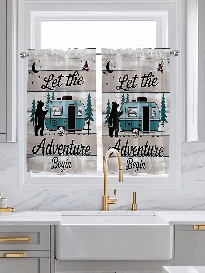 Farmhouse Bear Camper Van Tree Window Valance Curtains, Vintage Wood Grain Light Filtering Kitchen Valance with 3-inch Rod Pocket for Living Room Bathroom Bedroom,2 Panel,52x45In