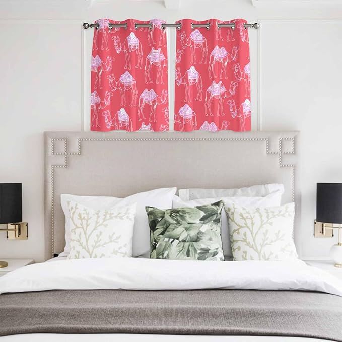 2 Panel Kitchen Cafe Curtains, Desert Camel Sunlight Filtering Nature Air Through, Home Decor Window Covering Tier Curtains for Bedroom Living Room Summer Sand Camel Animal Vintage Pink