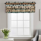 Dog Paws Valances for Windows, Teal Brown Wood Grain Kitchen Valance Light Filtering Rod Pocket Short Curtains for Kitchen Bathroom, 1 Panel, 56"x16"