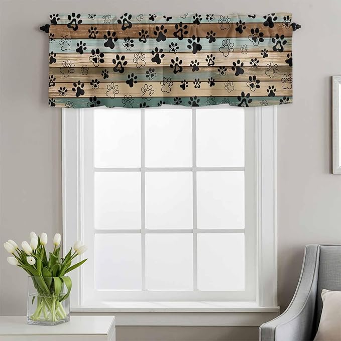 Dog Paws Valances for Windows, Teal Brown Wood Grain Kitchen Valance Light Filtering Rod Pocket Short Curtains for Kitchen Bathroom, 1 Panel, 42"x12"
