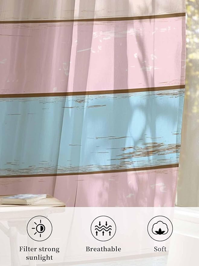Sheer Curtains 108 Inches Long, Pink Blue Wood Grain Semi Sheer Curtains Light Filtering Window Treatment, Farmhouse Country Shabby Striped Privacy Voile Drapes for Living Room Bedroom 52x108 Inch