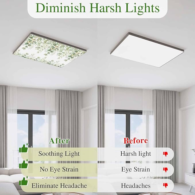 Fluorescent Light Covers for Ceiling Lights Sage Green Eucalyptus Leaves Magnetic Light Filters 2 Pack 4x2 ft Nature Leaf Plant Ceiling Lights Cover for Classroom Office School Home Drop Lamp Decor