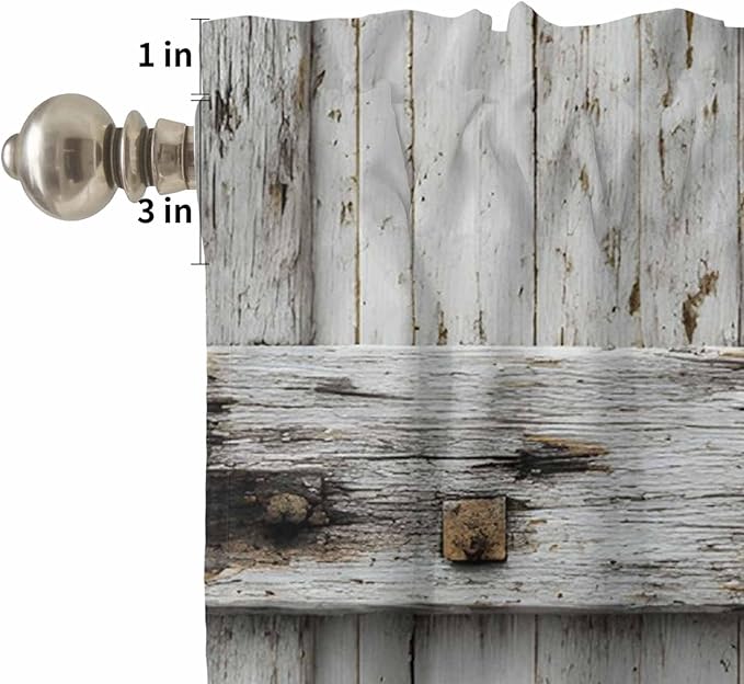 Kitchen Curtains Tiers and Valance Set of 3, Vintage Gate Light Filtering Window Curtain Set, Farmhouse Wooden Grain Shabby Chic Door Rod Pocket Curtain Drapes for Cafe, Living Room, 24 Inches Tiers