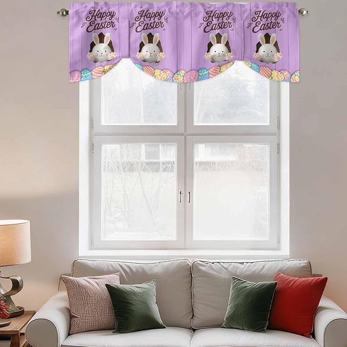 Purple Easter Tie Up Valance Curtains for Windows, Kitchen Curtains Window Shades, Spring Cartoon Bunny Colorful Eggs Wood Grain Light Filtering Curtain Valances for Bedroom/Bathroom/Cafe 42"x12"