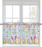 Happy Easter Half Window Curtains 24 Inches Long, Spring Watercolor Bunny Eggs Flower Blue Plaid Window Treatment Curtain Drapes, Short Curtains Tiers for Kitchen Over Sink, 27.5"x24", 2 Panels