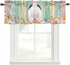 Easter Curtain Valances for Windows, Kitchen Valance Window Treatment, Spring Colorful Bunny Eggs Flower Wood Grain Light Filtering Block Curtains for Bathroom/Bedroom/Living Room 60'' x 18''