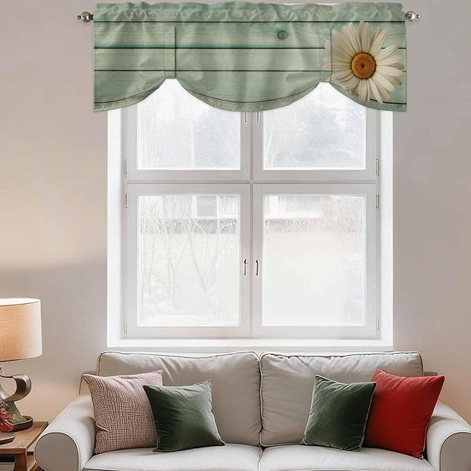 Daisy Flower Tie Up Valance Curtains for Windows, Kitchen Curtains Window Shades, Modern Art Floral Farmhouse Teal Wooden Grain Light Filtering Roman Curtain Valances for Bedroom/Bathroom/Cafe 42"x12"