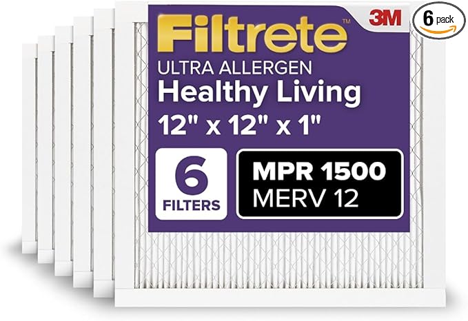 Filtrete 12x12x1 AC Furnace Air Filter, MERV 12, MPR 1500, CERTIFIED asthma & allergy friendly, 3 Month Pleated 1-Inch Electrostatic Air Cleaning Filter, 6-Pack (Actual Size 11.81x11.81x0.78 in)