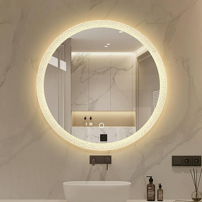 Round LED Bathroom Mirror, Wall Mounted Mirror with Demister Pad 3 Dimmable Color, Backlit Makeup Mirror, for Bathroom, Vanity, Bedroom(70cm/27.6in)