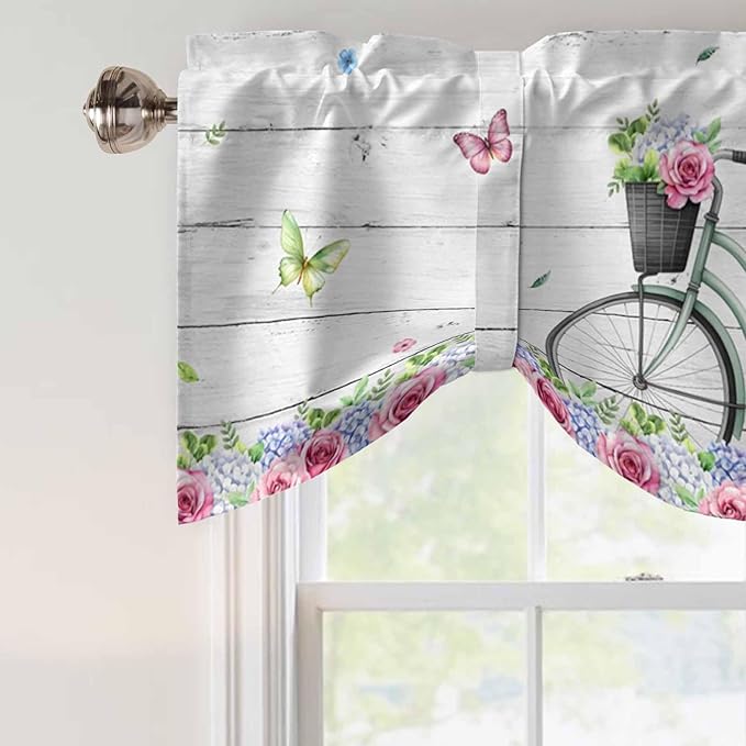 Spring Tie Up Valance Curtains for Windows, Kitchen Curtains Window Shades, Bicycles Botanical Rose Leaves Butterfly Wood Grain Light Filtering Roman Curtain Valances for Bedroom/Bathroom/Cafe 42"x12"