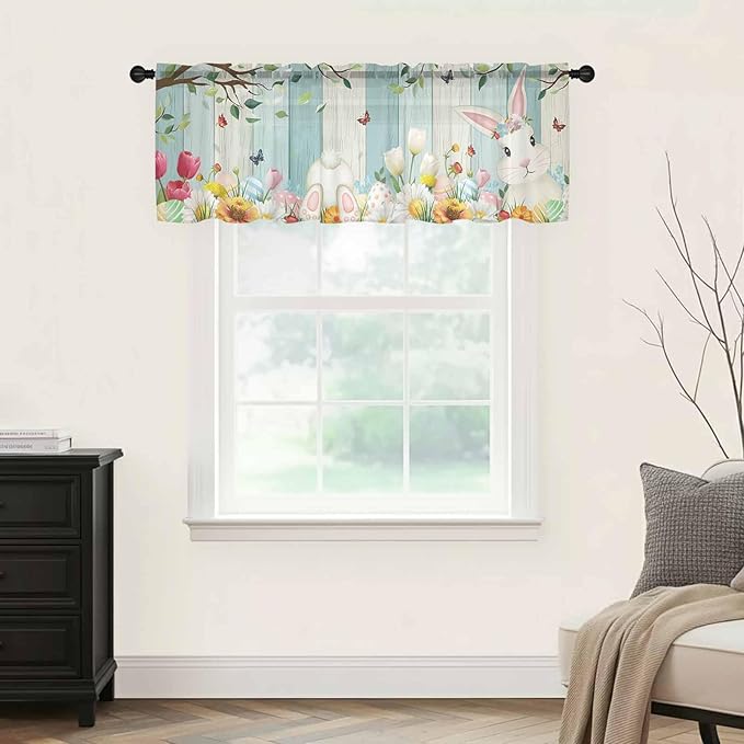 Easter Sheer Valances for Windows 54"x18", Light Filtering Kitchen Curtains Valance, Spring Watercolor Bunny Eggs Tulip Wooden Grain Rod Pocket Chiffon Curtains for Living Room Bedroom Cafe