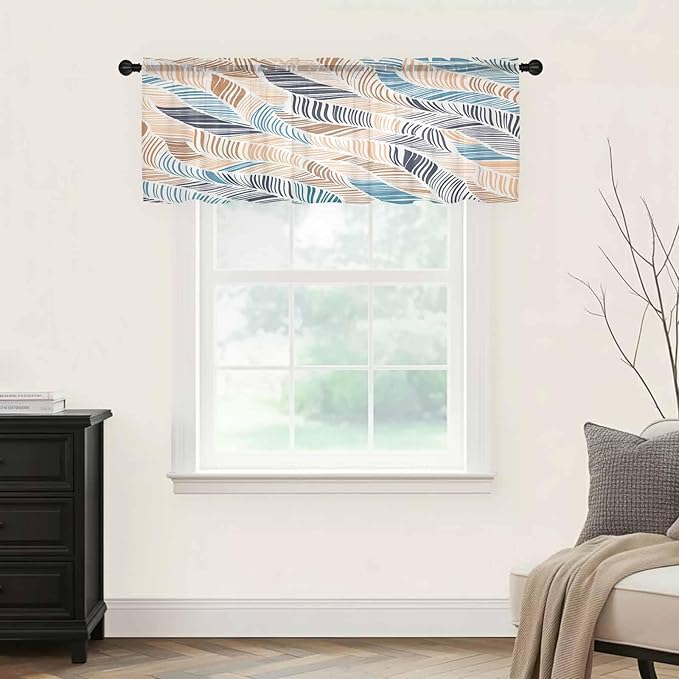 Abstract Stripes Sheer Valance Curtains, Brown Blue Gradient Wavy Lines Leaf Texture Light Filtering Kitchen Valances Rod Pocket Voile Curtain Window Treatment for Bedroom/Living Room/Basement 42Wx12L