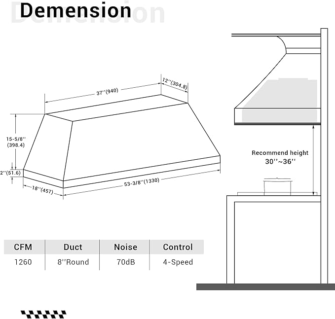 CHETTO C Stainless Steel Range Hood Cover with 4-Speed Vent Hood Insert Custom Handmade Metal Kitchen Fan with Towel Rack LED Light 54"W x27"D x18"H Black Island Mount