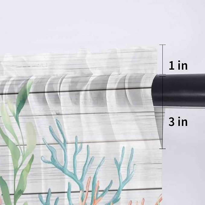 Summer Beach Sheer Valance Curtains, Ocean Colorful Coral Shell Seaweed Starfish Wood Grain Light Filtering Kitchen Valances Rod Pocket Voile Curtain Treatment for Bedroom/Living Room/Basement 54Wx18L