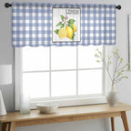 Lemon Sheer Valance Curtains, Summer Fruit Floral Wood Grain Blue Plaid Light Filtering Kitchen Valances Rod Pocket Voile Curtain Window Treatment for Bedroom/Living Room/Basement 42Wx12L