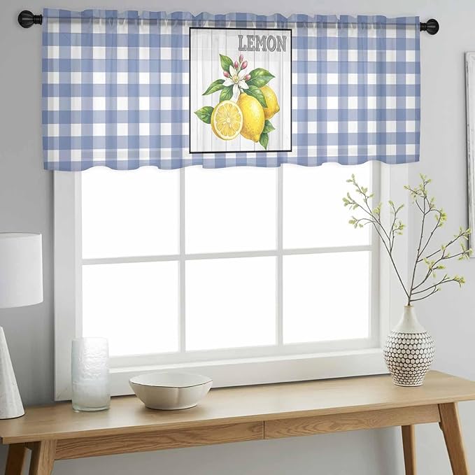 Lemon Sheer Valance Curtains, Summer Fruit Floral Wood Grain Blue Plaid Light Filtering Kitchen Valances Rod Pocket Voile Curtain Window Treatment for Bedroom/Living Room/Basement 60Wx18L