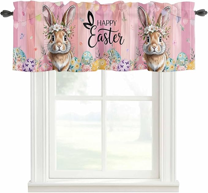 Easter Curtain Valances for Windows, Kitchen Valance Window Treatment, Spring Rabbit Eggs Flowers Flags Leaves Wood Grain Light Filtering Block Curtains for Bathroom/Bedroom/Living Room 42'' x 18''