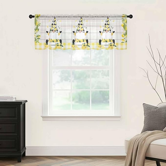 Lemon Dwarfs Sheer Valance Curtains, Gnome Green Leaf Wood Striped Black Plaid Light Filtering Kitchen Valances Rod Pocket Voile Curtain Window Treatment for Bedroom/Living Room/Basement 42Wx18L