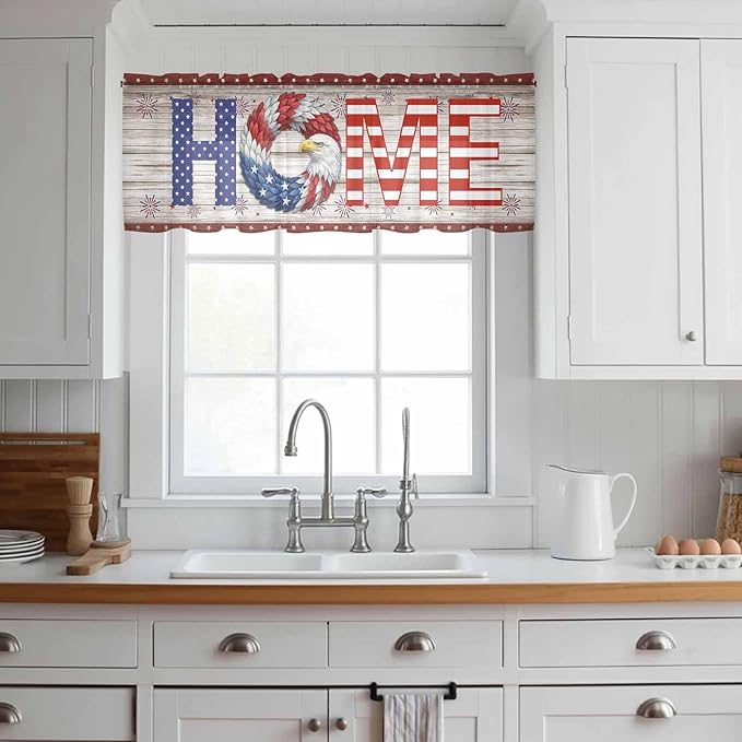 4th of July Sheer Valances for Windows 42"x18", Light Filtering Kitchen Curtains Valance, Stars Striped Farmhouse American Flag Wood Grain Rod Pocket Chiffon Curtains for Living Room Bedroom Cafe
