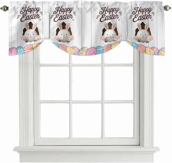 Grey Easter Tie Up Valance Curtains for Windows, Kitchen Curtains Window Shades, Spring Cartoon Bunny Colorful Eggs Wood Grain Light Filtering Roman Curtain Valances for Bedroom/Bathroom/Cafe 54"x18"