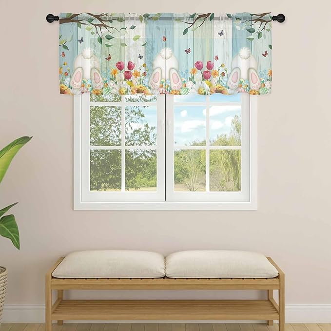 Easter Sheer Valances for Windows 42"x12", Light Filtering Kitchen Curtains Valance, Spring Watercolor Eggs Country Tulip Wooden Grain Rod Pocket Chiffon Curtains for Living Room Bedroom Cafe