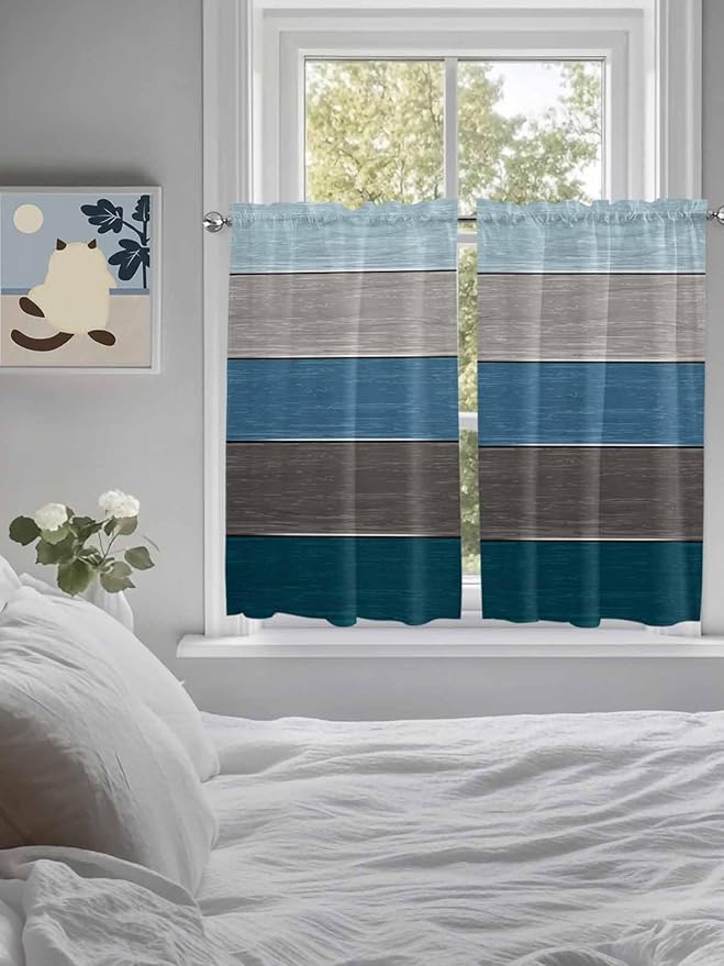 Retro Farm Blue Gray Wood Grain Window Valance Curtains, Rustic Wooden Plank Light Filtering Kitchen Valance with 3-inch Rod Pocket for Living Room Bathroom Bedroom,2 Panel,52x45In