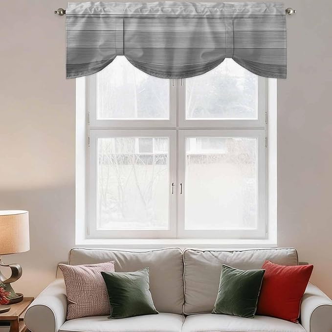 Grey Ombre Wooden Tie Up Valance Curtains for Windows, Kitchen Curtains Window Shades, Farmhouse Retro Gray Wood Gradient Light Filtering Roman Curtain Valances for Bedroom/Bathroom/Cafe 42"x18"