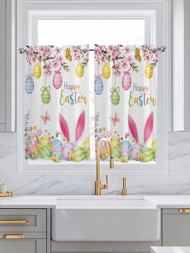 Happy Easter Tier Curtains 45 Inches Long, Spring Watercolor Bunny Eggs Flower Branch Window Treatment Curtain Drapes, Small Curtain Drapes for Bathroom Laundry Room, 27.5"x45", 2 Panels