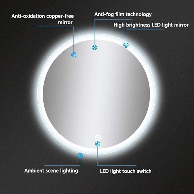 Bathroom Mirror with LED Light and Demister Pad Touch Sensor Wall Mounted Round Makeup Shaving Mirror (Color : Warm Light Size : 60cm) (Warm Light 60cm)