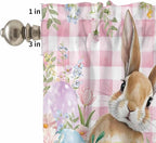 Kitchen Curtains Tiers and Valance Set of 3, Easter Light Filtering Window Curtain Set, Spring Rabbit Eggs Nature Botanicals Pink Plaid Rod Pocket Curtain Drapes for Cafe, Living Room, 36 Inches Tiers