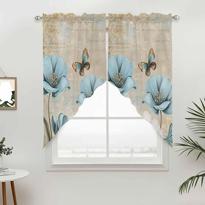 Spring Flowers Swag Valances for Windows, Vintage Rustic Tulips Floral Butterfly Khaki Rod Pocket Kitchen Curtains Valance, Kitchen Window Curtains Swag for Cafe Living Room, 2 Panels, 36x63 inch