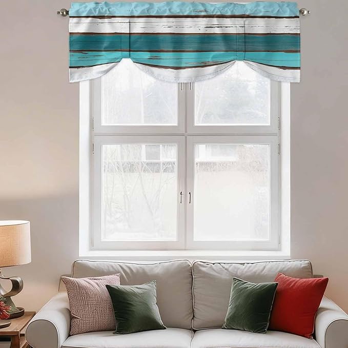 Turquoise Teal Tie Up Valance Curtains for Windows, Kitchen Curtains Window Shades, Farmhouse Retro Ombre Wooden Grain Light Filtering Roman Curtain Valances for Bedroom/Bathroom/Cafe 42"x12"