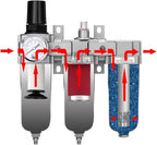 3 STAGE, HEAVY DUTY INDUSTRIAL GRADE FILTER REGULATOR COALESCING DESICCANT DRYER SYSTEM FOR COMPRESSED AIR LINE, METAL BOWLS, GREAT FOR PAINT SPRAY AND PLASMA CUTTER W/ELEMENTS(1/2"NPT, MANUAL DRAIN)