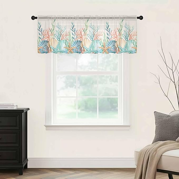 Summer Beach Sheer Valance Curtains, Ocean Colorful Coral Shell Seaweed Starfish Linen Light Filtering Kitchen Valances Rod Pocket Voile Curtain Treatment for Bedroom/Living Room/Basement 60Wx18L