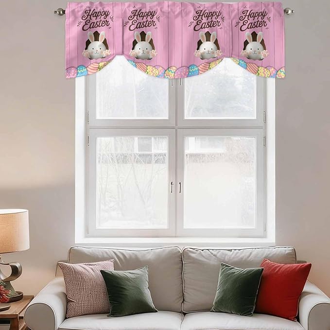 Pink Easter Tie Up Valance Curtains for Windows,Kitchen Curtains Window Shades,Easter Bunny Eggs Spring Cartoon Farmhouse Wood Grain Light Filtering Curtain Valances for Bedroom/Bathroom/Cafe 60"x18"