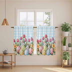 Easter Kitchen Curtains 45 Inch Long 2 Panel Set, Rod Pocket Window Treatment, Spring Bunny Colorful Eggs Tulip Flowers Blue Check Light Filtering Panels Short Drapes for Bathroom Camper 42"W x 45"L