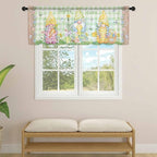 Easter Sheer Valances for Windows 42"x18", Light Filtering Kitchen Curtains Valance, Gnomes Flowers Duck Eggs Green Lattice Wooden Rod Pocket Chiffon Curtains for Living Room Bedroom Cafe