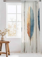 Sheer Curtains 108 Inches Long, Blue Brown Feathers Semi Sheer Curtains Light Filtering Window Treatment, Boho Ombre Vintage Wooden Grain Privacy Voile Drapes for Living Room Bedroom 52x108 Inch