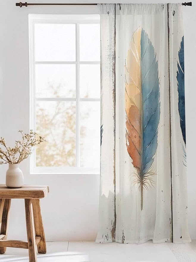 Sheer Curtains 96 Inches Long, Blue Brown Feathers Semi Sheer Curtains Light Filtering Window Treatment, Boho Ombre Vintage Wooden Grain Privacy Voile Drapes for Living Room Bedroom 52x96 Inch