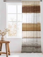 Sheer Curtains 96 Inches Long, Brown Wood Grain Semi Sheer Curtains Light Filtering Window Treatment, Vintage Country Geometric Striped Privacy Voile Drapes for Living Room Bedroom 52x96 Inch