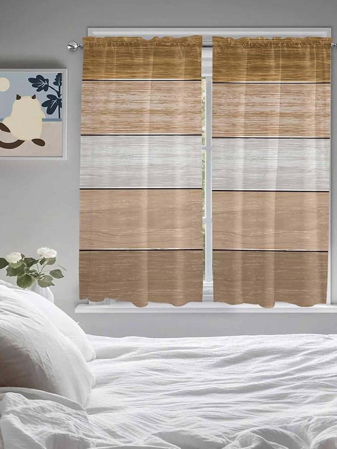 Retro Farm Wood Board Window Valance Curtains, Brown Graduality Striped Light Filtering Kitchen Valance with 3-inch Rod Pocket for Living Room Bathroom Bedroom,2 Panel,42x63In