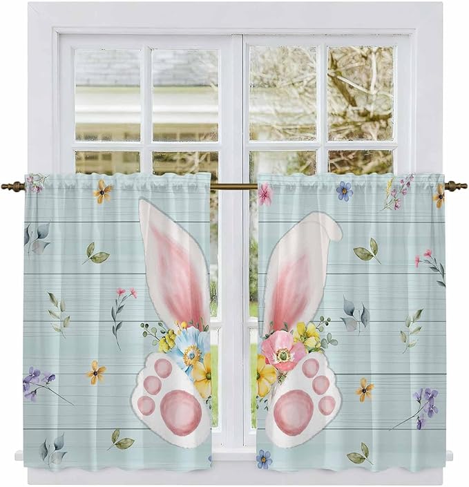 Easter Kitchen Curtains 45 Inch Long 2 Panel Set, Rod Pocket Window Treatment, Spring Rabbits Ears Feet Flowers Wooden Grain Light Filtering Short Curtains & Drapes for Bathroom Laundry 52"W x 45"L