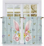Easter Kitchen Tier Curtains 45 Inch Long 2 Panel Set,Rod Pocket Short Window Treatment,Spring Rabbits Ears Feet Flowers Wooden Grain Light Filtering Curtains & Drapes for Bathroom 27.5"W x 45"L