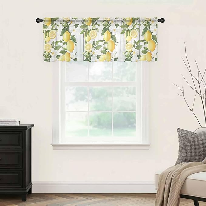 Spring Summer Lemon Sheer Valance Curtains, Leaf Flower White Wood Grain Light Filtering Kitchen Valances Rod Pocket Voile Curtain Window Treatment for Bedroom/Living Room/Basement 60Wx18L