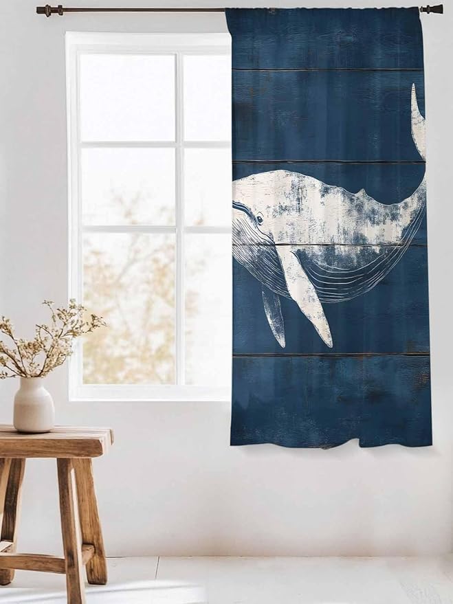 Sheer Curtains 63 Inch Length, Summer Whale Semi Sheer Curtains Light Filtering Window Treatment, Ocean Vintage Wooden Grain Blue Privacy Voile Drapes for Living Room Bedroom 52x63 Inch