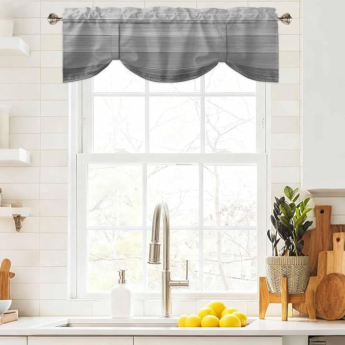Grey Ombre Wooden Tie Up Valance Curtains for Windows, Kitchen Curtains Window Shades, Farmhouse Retro Gray Wood Gradient Light Filtering Roman Curtain Valances for Bedroom/Bathroom/Cafe 42"x12"