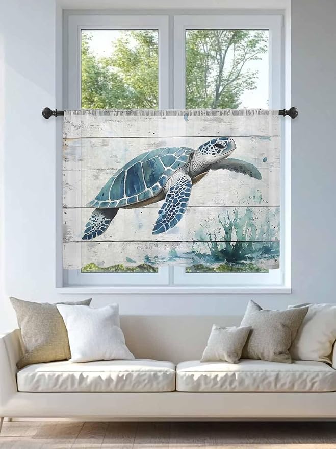 Sheer Curtains 54 Inch Length, Teal Green Sea Turtle Semi Sheer Curtains Light Filtering Window Treatment, Summer Ocean Vintage Wood Grain Privacy Voile Drapes for Living Room Bedroom 52x54 Inch